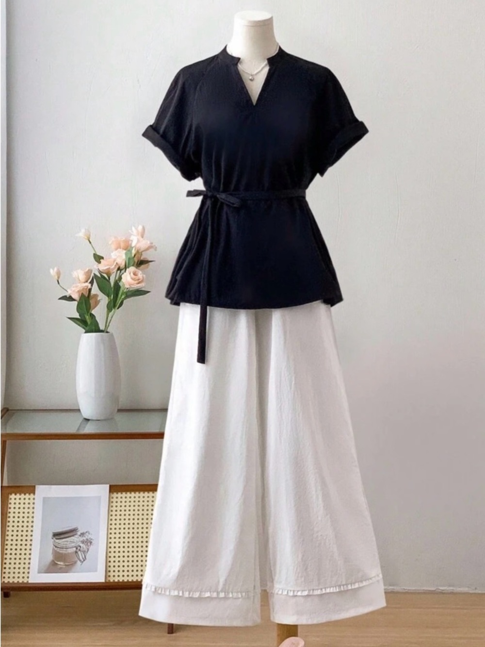Black V-Neck Tie-Waist Top with White Wide-Leg Pants
